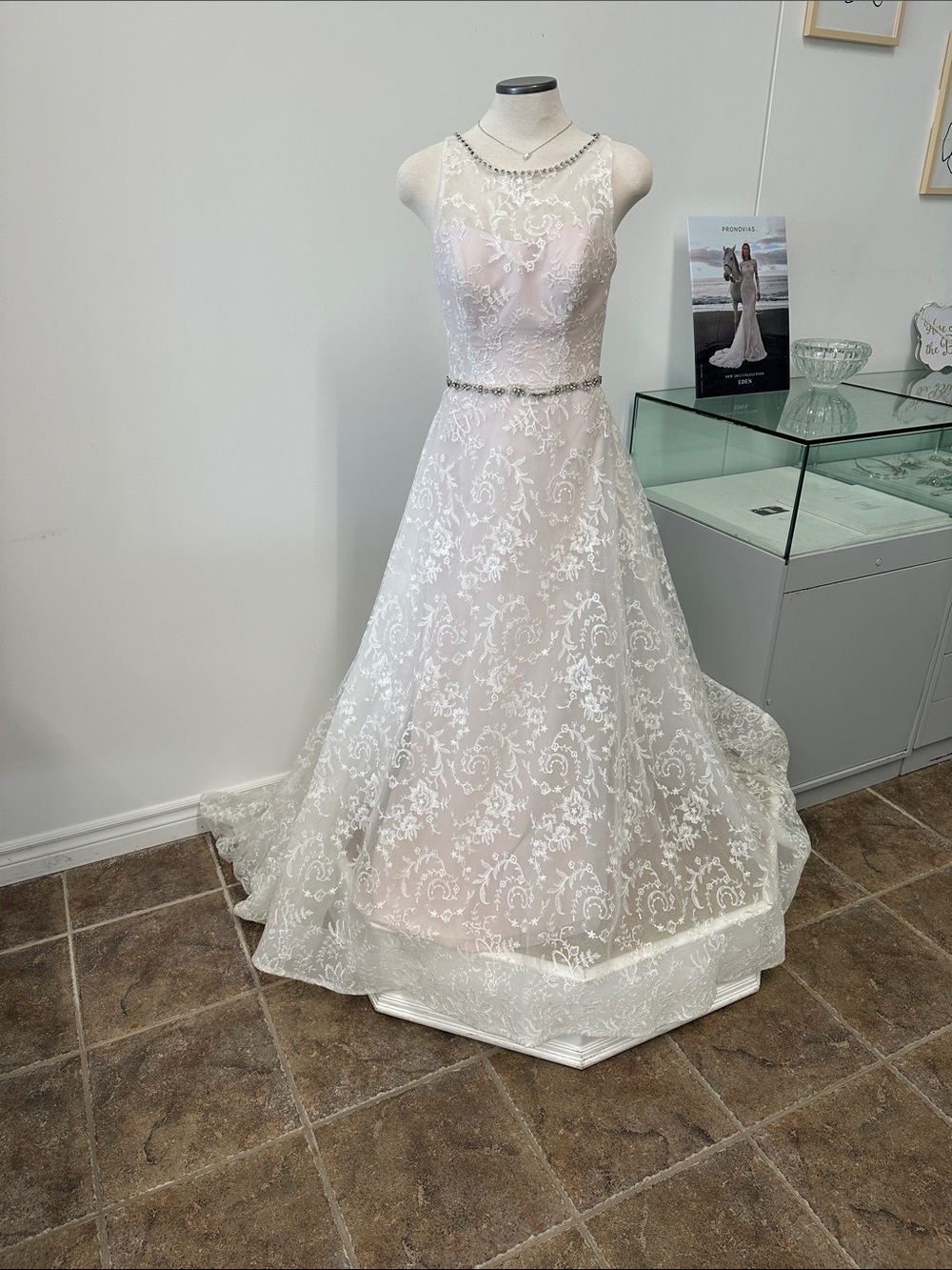 Beaded Illusion Neck Lace A-Line Dress in Ivory